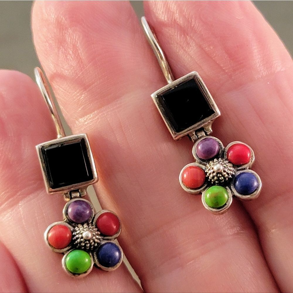 Vintage SE Sterling Multi Stone Flower Design Drop Earrings